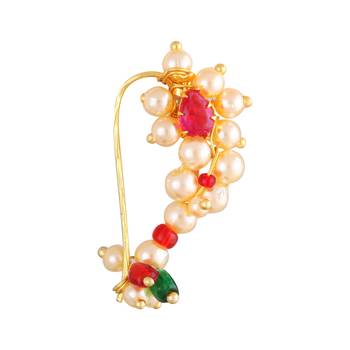 Maharashtrian culture Nath Oxidised Gold with Artificial stone and beads and Pearls Alloy Mini Nose Ring 1