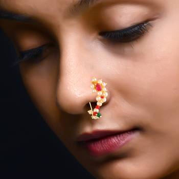 Maharashtrian culture Nath Oxidised Gold with Artificial stone and beads and Pearls Alloy Mini Nose Ring 2