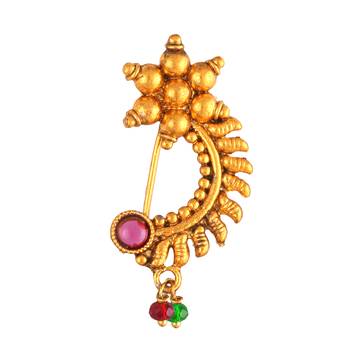 Oxidised Gold with Artificial stone and beads Red Stone Alloy Maharashtrian Nath Nathiya   Nose Pin for women 1