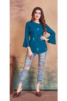 blue Rayon Embroidered stitched top