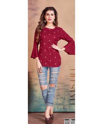 Maroon Rayon Embroidered stitched top 1