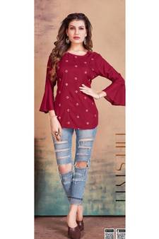 Maroon Rayon Embroidered stitched top