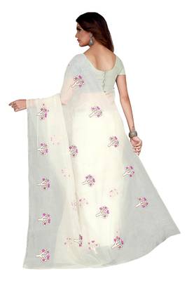 Off White Colour Embroidered Work Organza Saree With Blouse 2