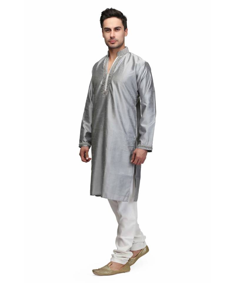 Silver raw silk STITCHED kurta WITH pajama
