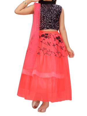 Light-red self design net stitched lehenga 4