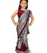 Grey sequins silk stitched saree