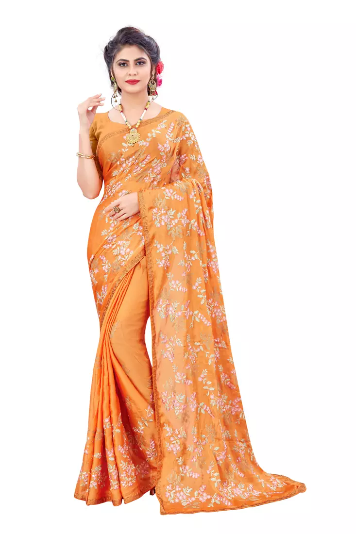 Orange embroidered chiffon saree with blouse