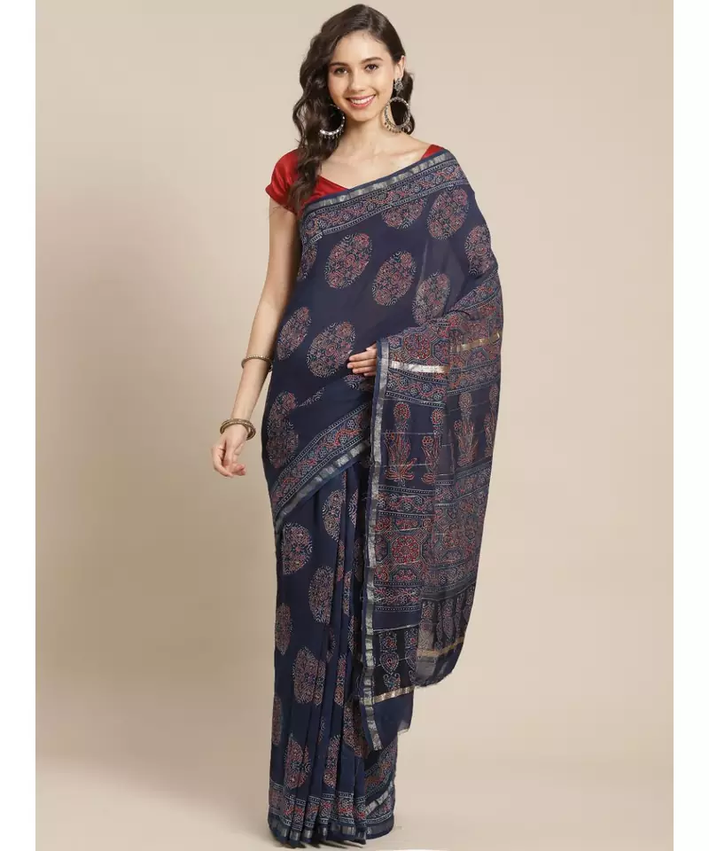blue silk hand woven saree with blouse