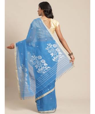 blue khadi hand woven saree with blouse 2