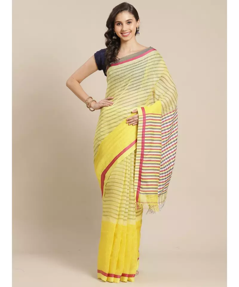 Yellow Linen hand woven saree with blouse