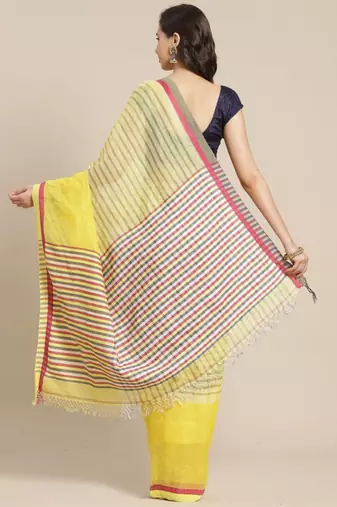 Yellow Linen hand woven saree with blouse