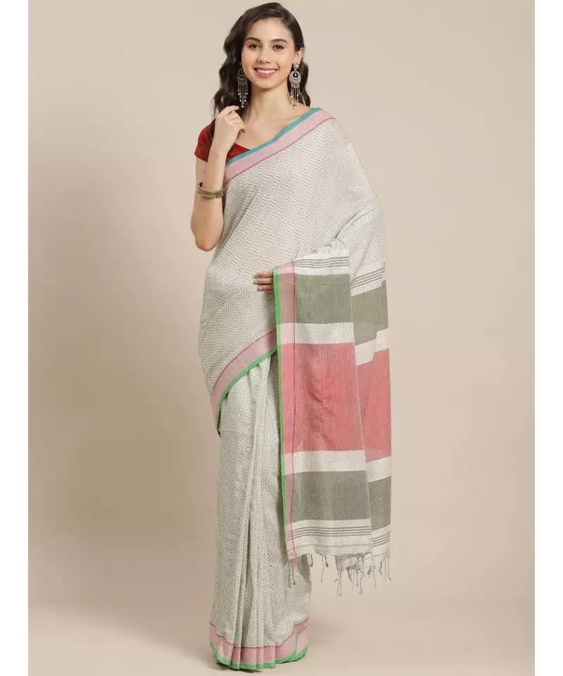 Cream KHADI hand woven saree with blouse