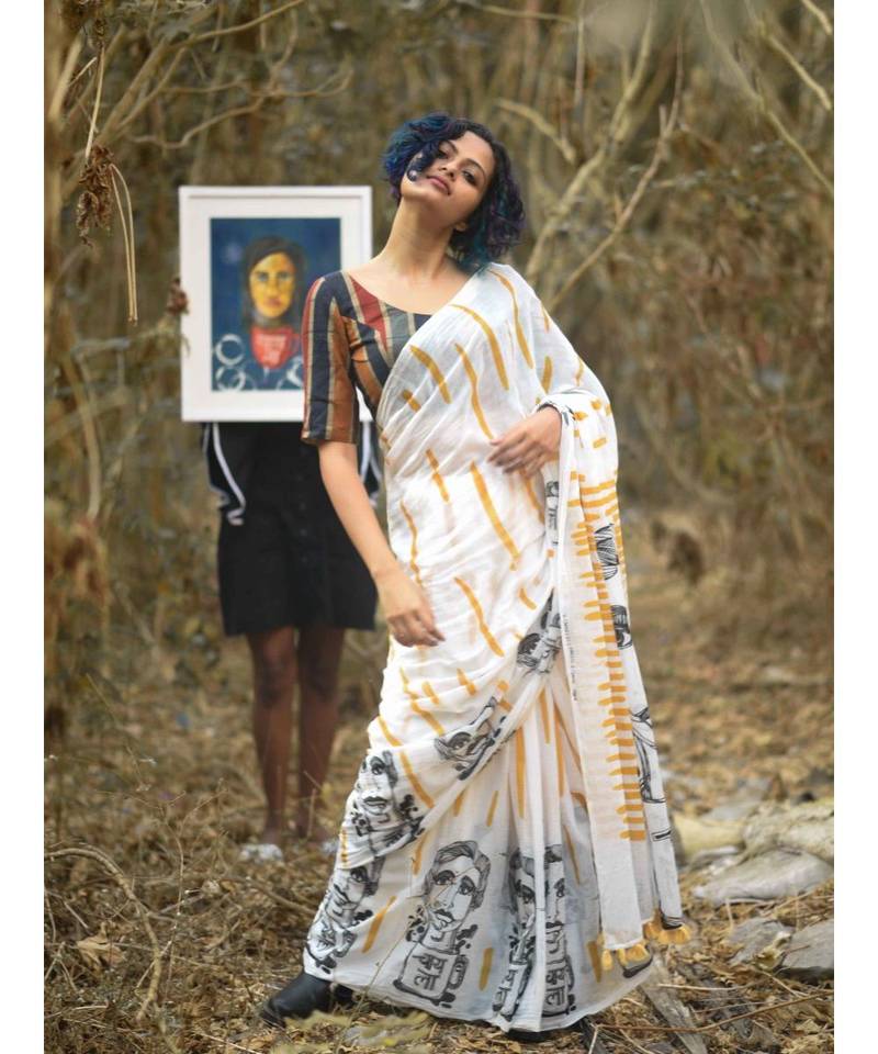 White Line  Linen Saree All Over Flower Printed With Printed Blouse