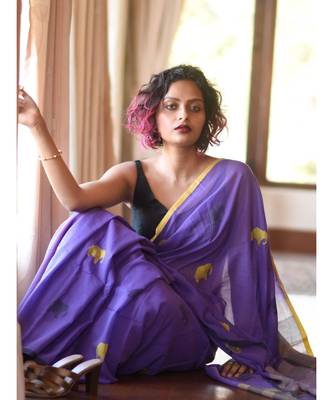 Purple Elepent Linen Saree All Over Flower Printed With Printed Blouse 1