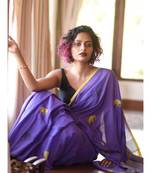 Purple Elepent Linen Saree All Over Flower Printed With Printed Blouse