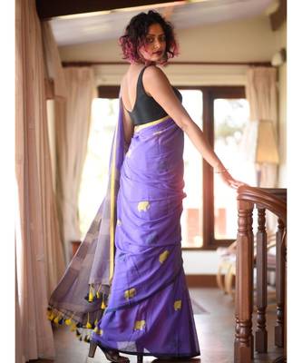 Purple Elepent Linen Saree All Over Flower Printed With Printed Blouse 2