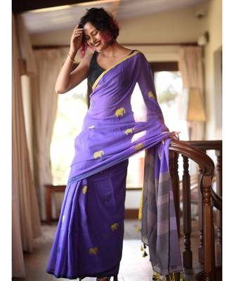 Purple Elepent Linen Saree All Over Flower Printed With Printed Blouse 3