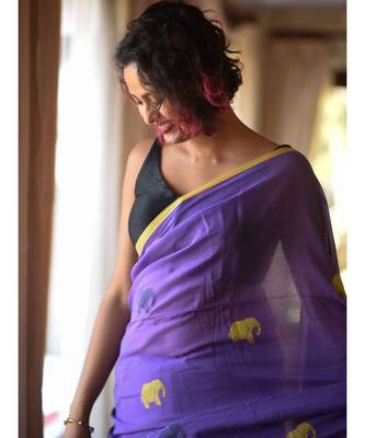 Purple Elepent Linen Saree All Over Flower Printed With Printed Blouse 5