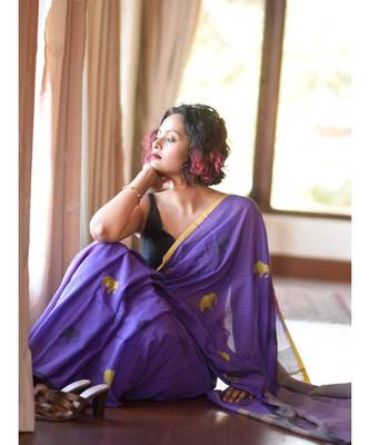 Purple Elepent Linen Saree All Over Flower Printed With Printed Blouse 6