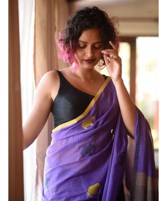 Purple Elepent Linen Saree All Over Flower Printed With Printed Blouse 8