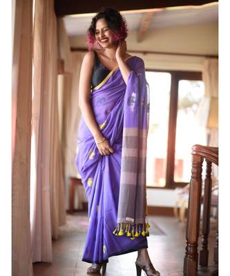 Purple Elepent Linen Saree All Over Flower Printed With Printed Blouse 9