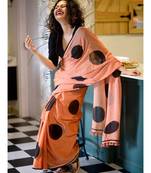 Peach Round White Printed Linen Saree With Printed Blouse