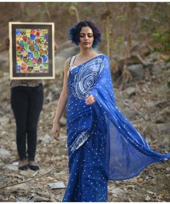 Lite Blue Linen Saree All Over Flower Printed With Printed Blouse 1