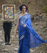 Lite Blue Linen Saree All Over Flower Printed With Printed Blouse