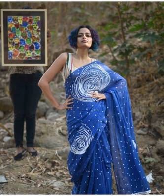 Lite Blue Linen Saree All Over Flower Printed With Printed Blouse 2