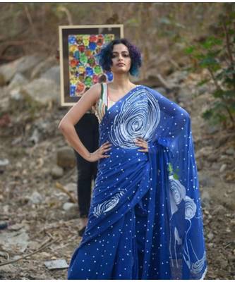 Lite Blue Linen Saree All Over Flower Printed With Printed Blouse 3
