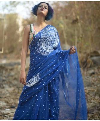 Lite Blue Linen Saree All Over Flower Printed With Printed Blouse 5