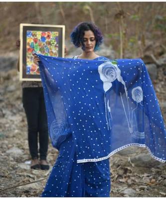 Lite Blue Linen Saree All Over Flower Printed With Printed Blouse 6