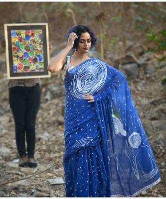 Lite Blue Linen Saree All Over Flower Printed With Printed Blouse 7