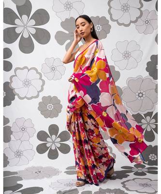 Colorful Floral Printed Linen Saree With White Blouse 1