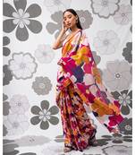 Colorful Floral Printed Linen Saree With White Blouse