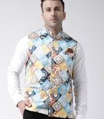 Blue printed viscose nehru-jacket