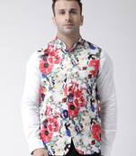 White printed viscose nehru-jacket