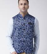 Blue printed viscose nehru-jacket