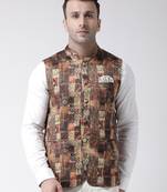 Brown printed viscose nehru-jacket