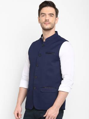 blue plain cotton nehru-jacket 3