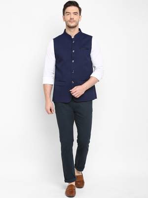 blue plain cotton nehru-jacket 5