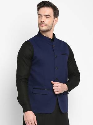 blue plain cotton nehru-jacket 3