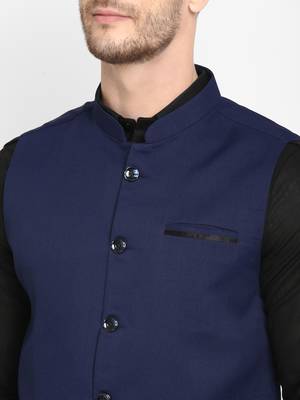 blue plain cotton nehru-jacket 5