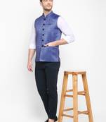 Blue printed viscose nehru-jacket