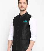 Black plain silk blend nehru-jacket