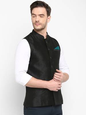 Black plain silk blend nehru-jacket 2