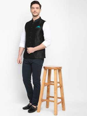 Black plain silk blend nehru-jacket 3