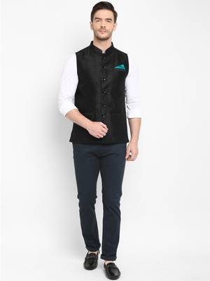 Black plain silk blend nehru-jacket 4