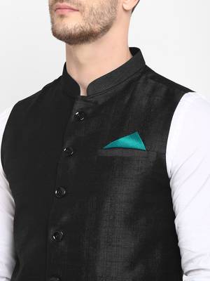 Black plain silk blend nehru-jacket 5