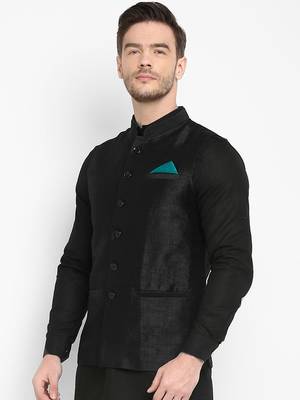 Black plain silk blend nehru-jacket 1